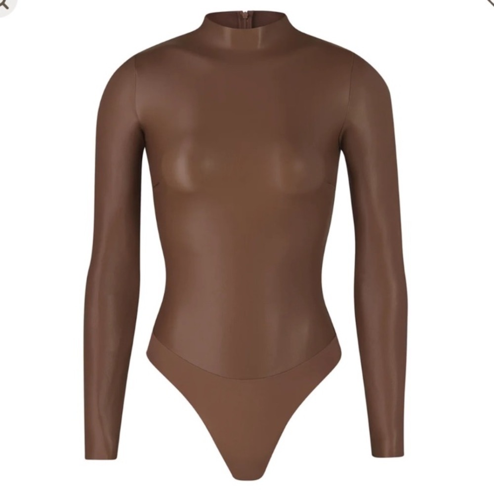 NWT Skims Cocoa Brown Faux Leather Bodysuit Mock Neck Raw Cut Butter Soft